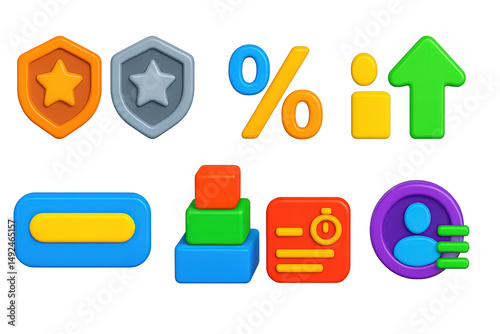 Colorful 3d icon set featuring pointers, shields, and user symbols for web design