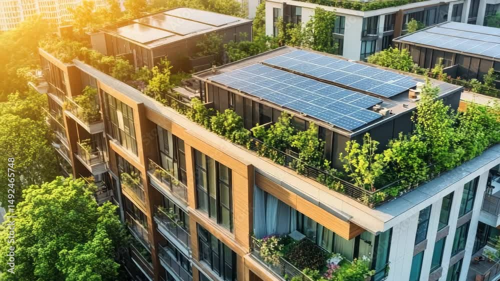Modern eco friendly apartment buildings with solar panels and green rooftops, promoting sustainable urban living and renewable energy use.