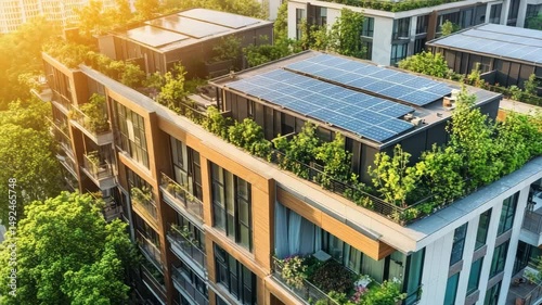Modern eco friendly apartment buildings with solar panels and green rooftops, promoting sustainable urban living and renewable energy use.
