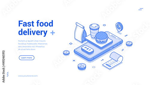 Fast food delivery smartphone online application web banner minimalist isometric vector illustration. Eatery cafe restaurant meal dish shipping service mobile phone app monochrome landing page