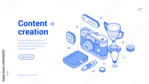 Content creation photo video multimedia isometric web banner landing page vector illustration. Influencer blog vlog creative media filming live broadcasting monochrome webpage