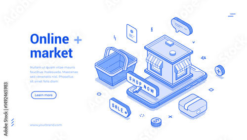 Online shopping market sale smartphone application isometric web banner vector illustration. Internet store shop supermarket purchase cyberspace buying goods commercial retail landing page