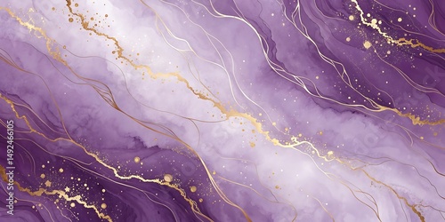 Abstract purple marble texture with gold splashes, purple luxury background