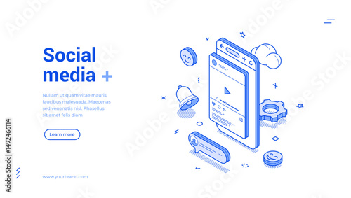 Social media video blog vlog influencer network community web banner isometric vector illustration. Multimedia content cyberspace entertainment comment subscribe follow blogging vlogging videoblog