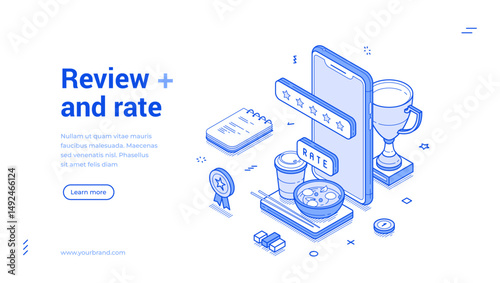 Review rate customer feedback experience rating smartphone app web banner isometric vector illustration. Clients choosing satisfaction leaving reviews best choice evaluation service quality opinion