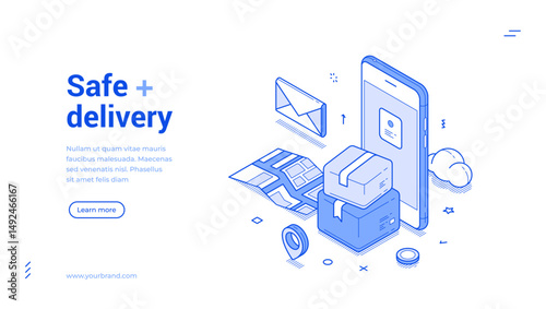 Safe delivery post parcel online shopping smartphone app web banner isometric vector illustration. Express shipping marketplace shop store courier cargo protection logistic mobile application