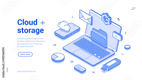 Computer cloud storage data center technology laptop smartphone web banner isometric vector illustration. Computing database cyberspace connection information server desktop