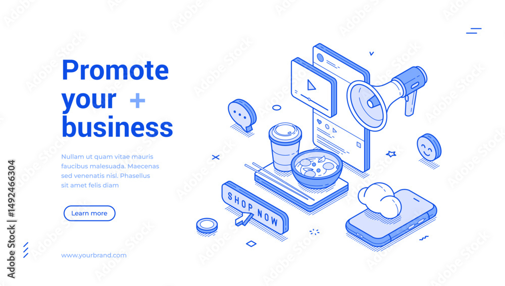 Promote your business online digital marketing web banner isometric vector illustration. Internet advertising technology service blog vlog social network influencer cyberspace promotion landing page