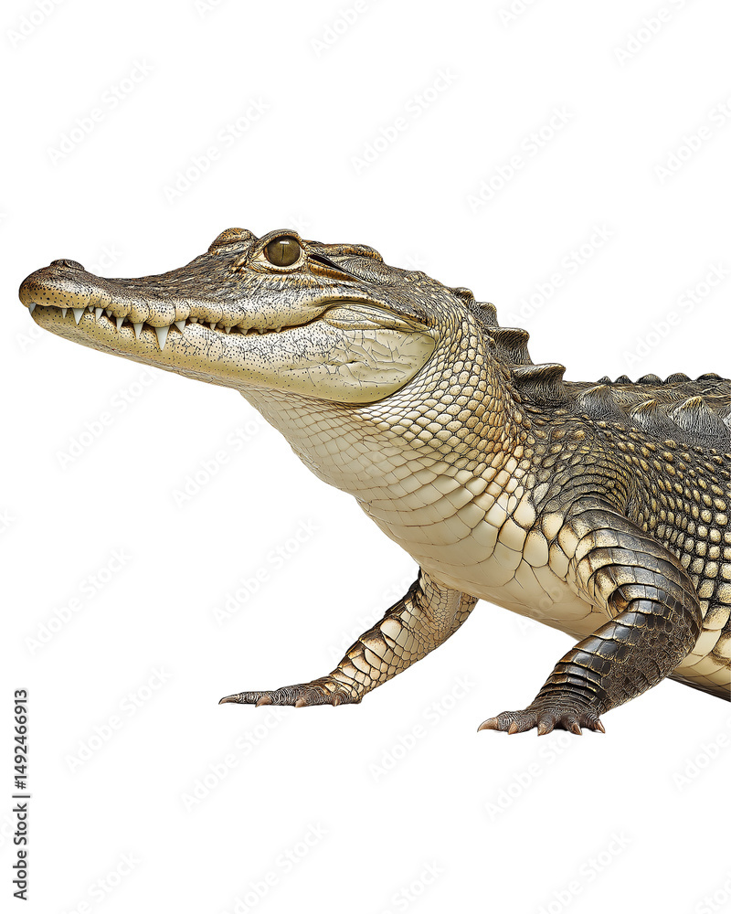 Fototapeta premium Alligator Profile: A close-up profile shot captures the detailed texture and formidable features of a majestic alligator, highlighting its powerful form and natural beauty.