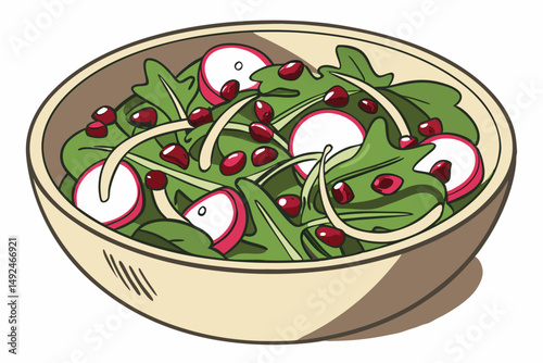 17 fresh radish and pomegranate salad, healthy food, vibrant colors, appetizing, close-up, ceramic dish, studio lighting, high quality, food photography