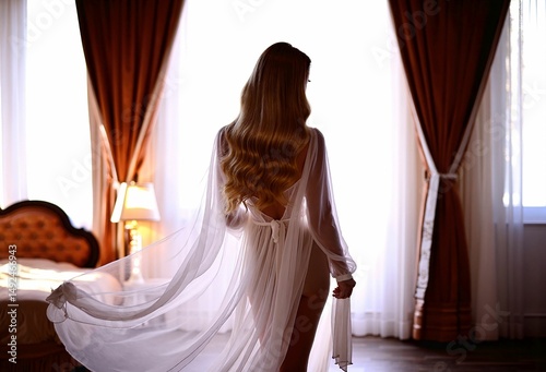 A woman stands silhouetted in a doorway, wearing a sheer white robe, with light streaming in behind her.