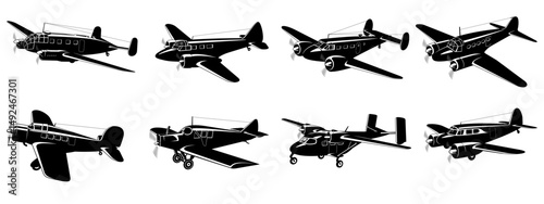 Vintage Civil Plane Silhouettes. Light Passenger and Cargo Aircraft. Vector cliparts isolated on white.