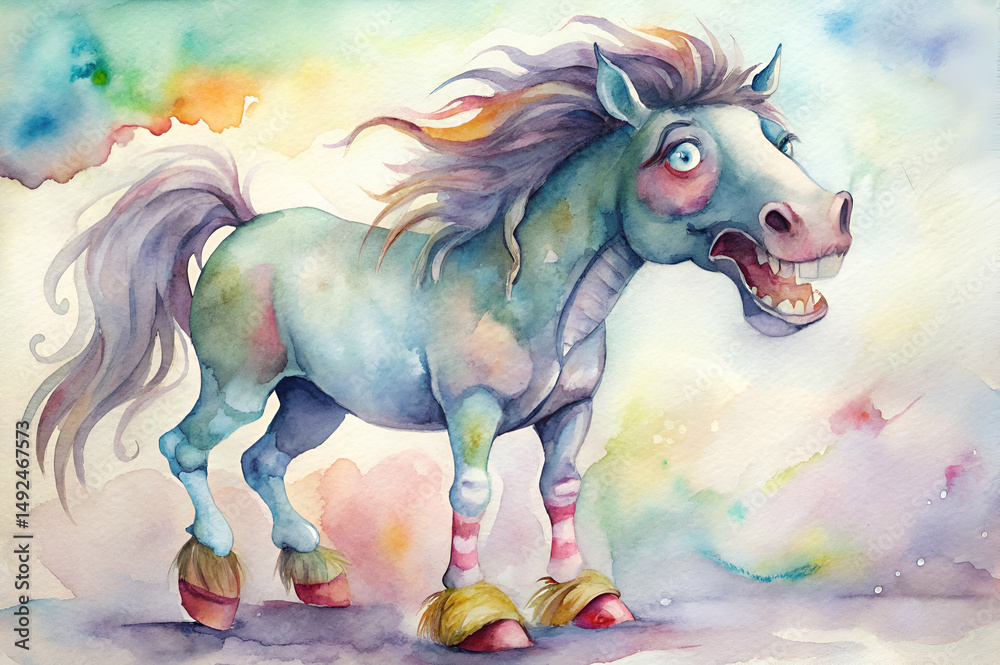 Fototapeta premium Colorful and Whimsical Watercolor Illustration of an Eccentric Horse with a Unique Expression and Vibrant Background of Soft Pastel Hues