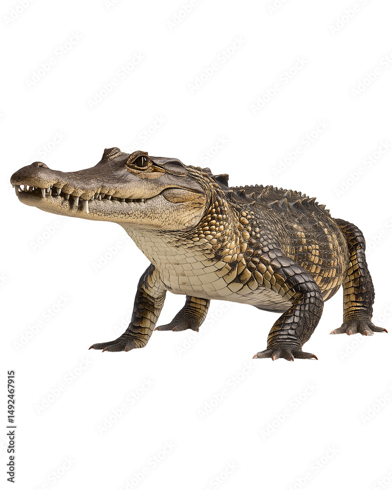 Naklejka premium Ancient Allure: A close-up portrait of an American alligator, a reptile that has survived for ages, reveals the texture and the scale of the alligator's body.