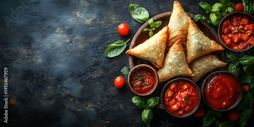 Delicious Crispy Samosas Served with Spicy Dipping Sauce Indian Food Cuisine