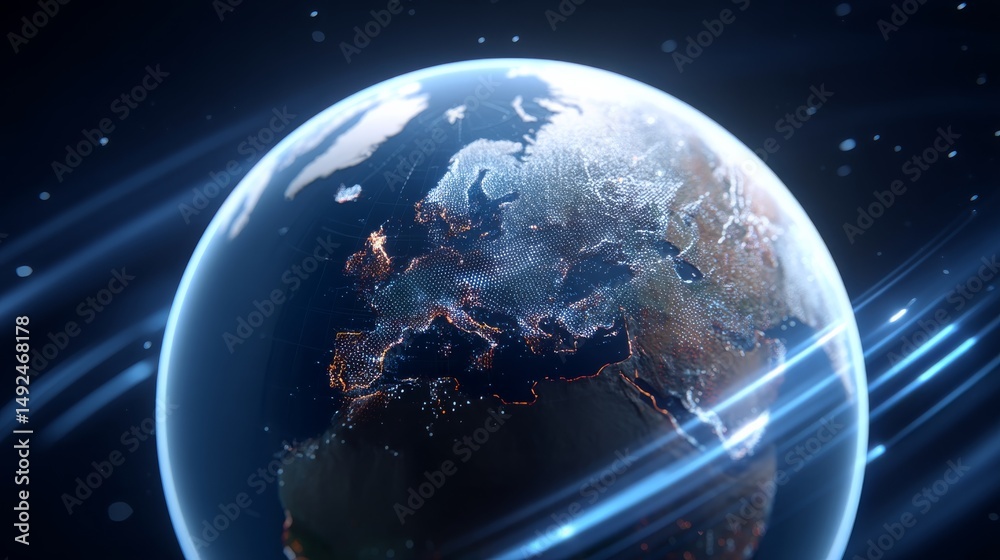 Fototapeta premium Detailed Digital Globe Showcasing Illuminated Cities at Night with Flowing Light Trails and Space Background