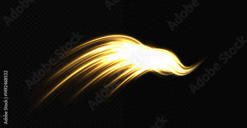 Magical swirl trail effect. Fiery vortex of a curved light trail. Glowing comet and asteroid with space trails. Sparkling speed motion lines on night road.