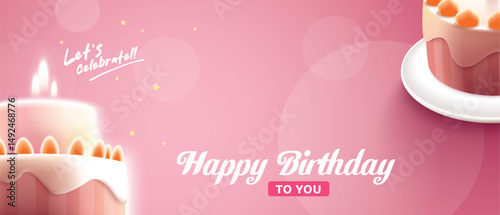 Happy Birthday celebration typography design with 3d birthday cake for greeting card, poster or banner. Vector illustration