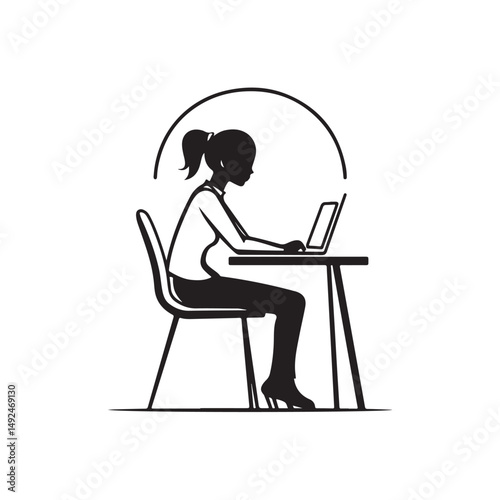 Vector illustration of a woman working in front of a laptop with a focused and productive atmosphere