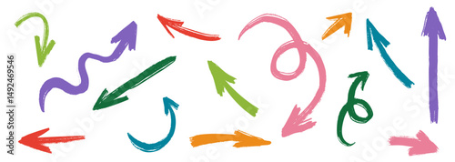 Line colorful arrow hand drawn in ink brush acrylic simple style. Grunge rough direction chaotic shapes for design. Vector pencil marker gouache paint illustration for decoration. 