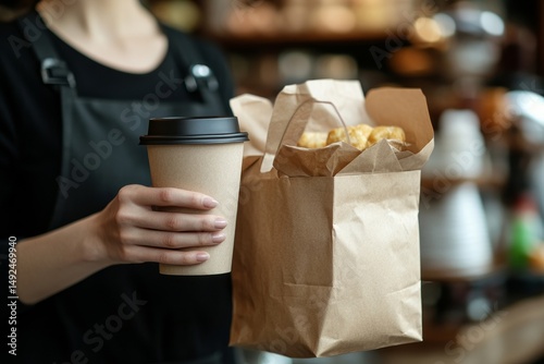 Closeup of waitress holding and serving paper cup of coffee and takeaway food in paper bag to customer in cafe, cropped shot