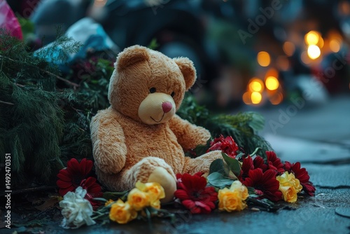 Memorial Tribute: Honoring the Victims of the Kemerovo Fire with Flowers and Teddy Bears in Mourning Silence