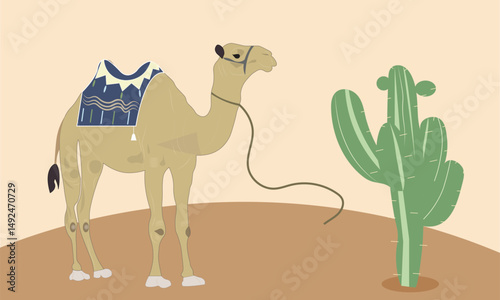 A Camel with Saddle and Green Wild Cactus in the Desert, Camel and Cactus in Desert Illustration Vector.