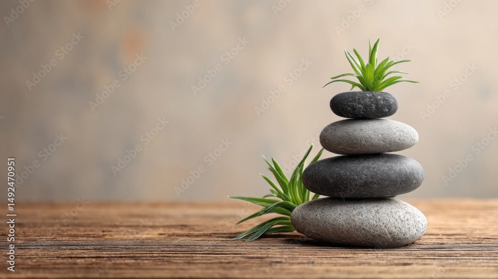 Obraz premium Zen Stones Stacked with Green Plant on Wood Table for Meditation and Relaxation Still Life Close Up Studio Shot