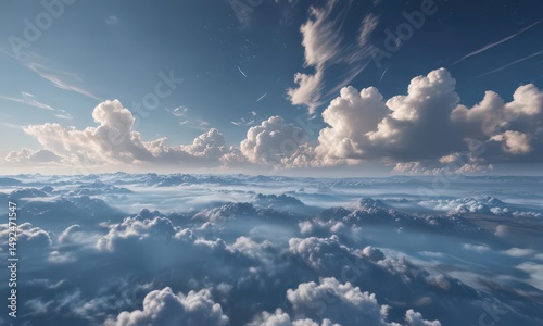 Deep azure expanse, scattered with pristine, cotton-like clouds , clear, cloudscape, weather