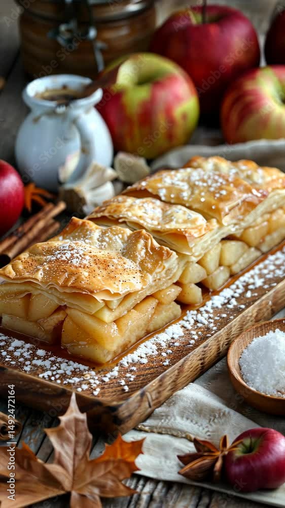 apple strudel dusted with powdered sugar