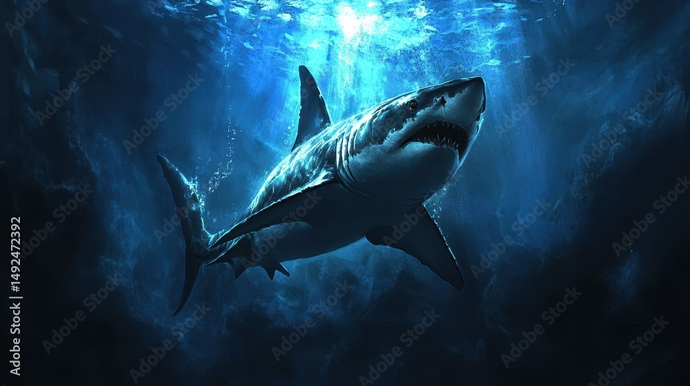 Fototapeta premium Monochrome Majesty: A White Shark Gliding Through Dark Waters