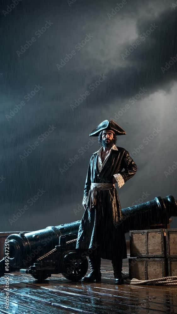 Capitaine pirate sous la pluie, debout près d’un canon sur le pont d’un navire

