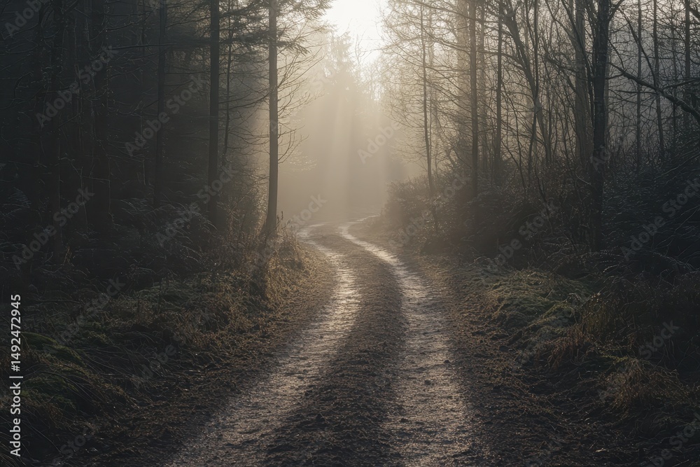 Obraz premium Morning Dew-Kissed Dirt Path Through Timberland. Sunlight Filtering Through Lush Canopy in a Serene Jungle Setting