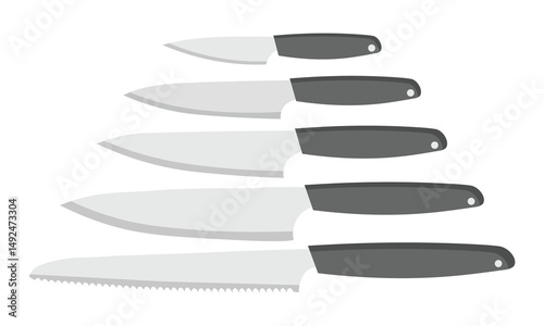 Collection of Sharp and Serrated Kitchen Knives Set on a White Background