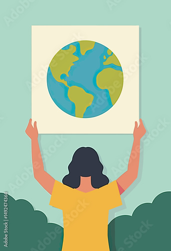 Stylized flat vector of a climate protester holding planet Earth placard with raised arms, suitable for awareness campaigns, activism graphics, and sustainability projects
