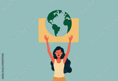 Abstract flat figure raising Earth sign with both hands in protest stance, perfect for activist content, eco-campaign posters, and minimalist editorial illustrations
