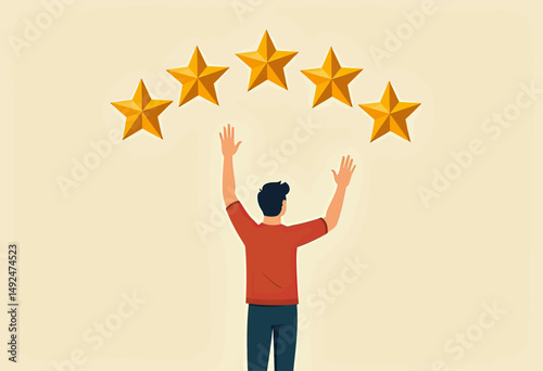 Minimal flat vector of a person standing with arm raised toward five stars, symbolizing aspiration, achievement, and excellence in clean, gender-neutral graphic illustration
