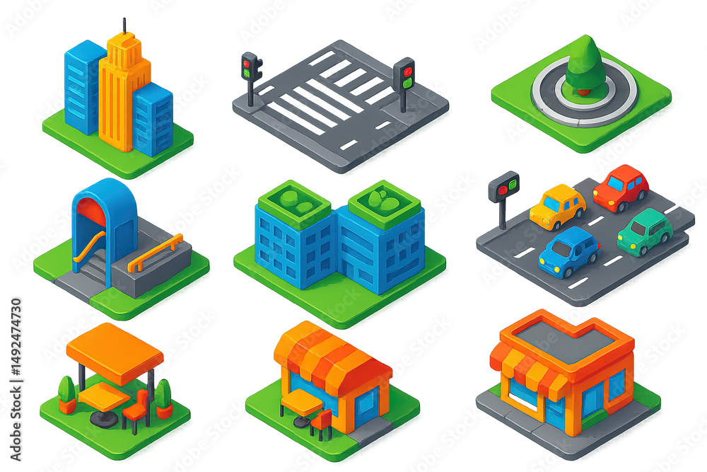 Fototapeta premium Isometric cityscape elements for urban planning and design projects