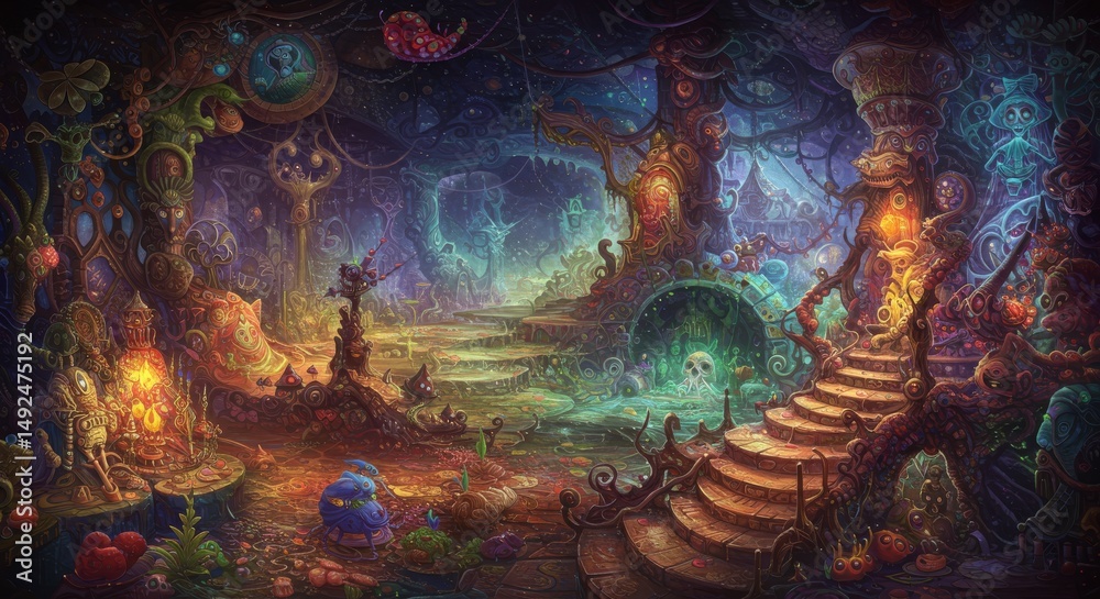 Fototapeta premium Enchanting Fantasy Landscape Surreal Forest Path Magical Creatures Mystical Staircase