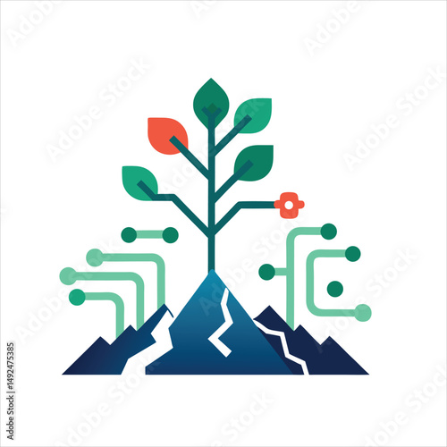 Abstract digital plant growing from mountain with circuit connections