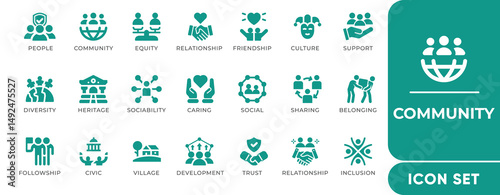 Community Icon Set. Includes editable vector icons for group, collaboration, public network, diversity, support, assistance, and outreach. Perfect for social platforms, NGOs, and team apps.