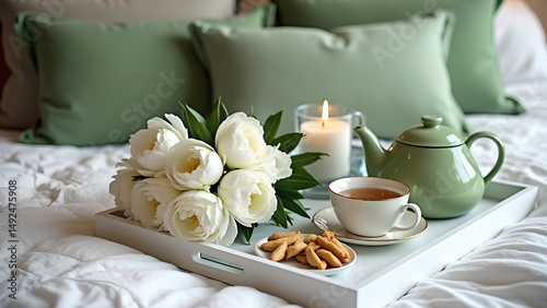 A Luxurious Bedroom Decor with Green and White Fabrics and Flowers