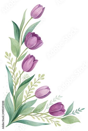 Watercolor purple tulips corner floral arrangement isolated on transparent background