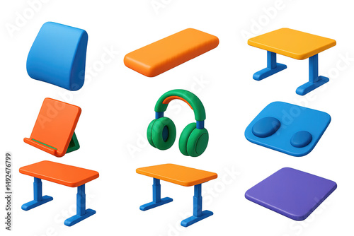 Colorful office supplies and gadgets in modern design layout