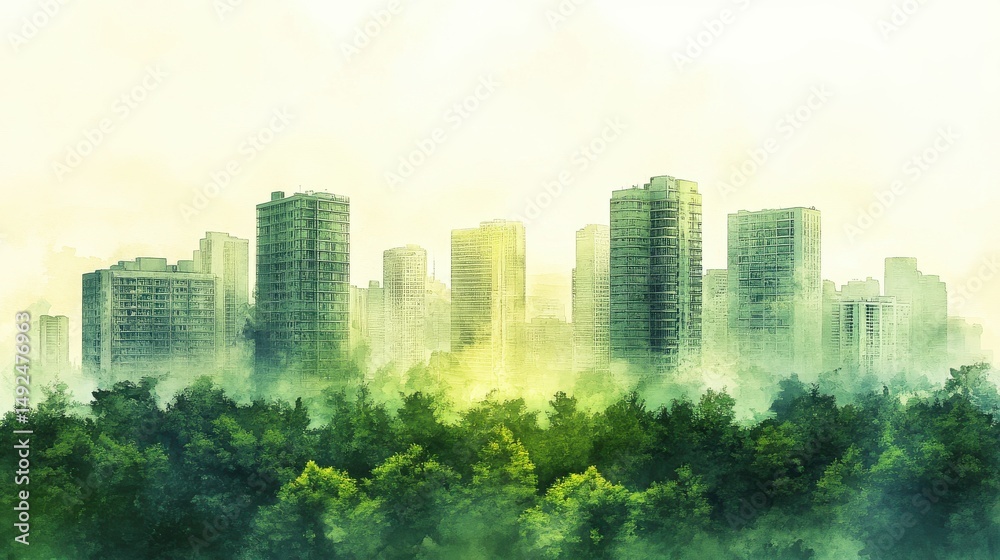 Obraz premium Green City Skyline Emerging from Lush Forest Watercolor Illustration