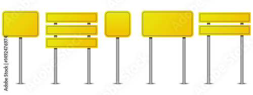 Set of blank yellow road signs. Different rectangular shapes. Metallic poles. Realistic style. Street traffic pointer. Information board mockup collection. Signal road for control traffic. vector