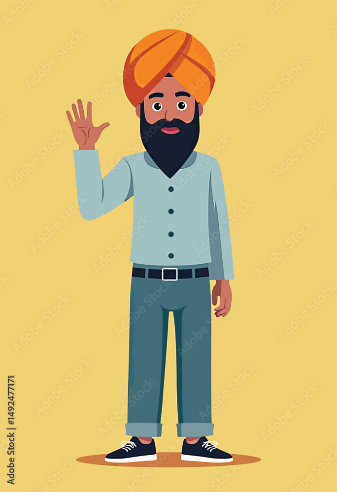 Flat vector artwork showing a Sikh individual in traditional turban standing with one hand lifted, representing cultural pride and peaceful symbolism in clean and inclusive visual storytelling
