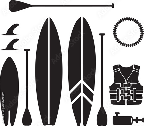 Stand Up Paddle Board Set with Accessories, SUP Equipment Vector Icons Collection