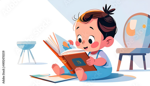Illustration of baby reading a book