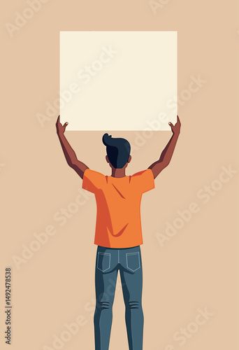 Abstract vector of a gender-neutral South Asian protester with arm lifted and blank sign, visual symbol for cultural advocacy and rights
